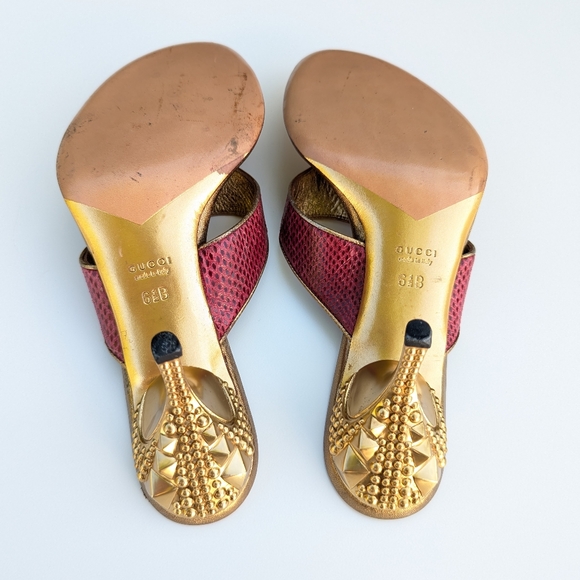 Gucci Pink Lizard Snakeskin Kitten Heel Sandals w/ Gold Studded - Picture 6 of 11